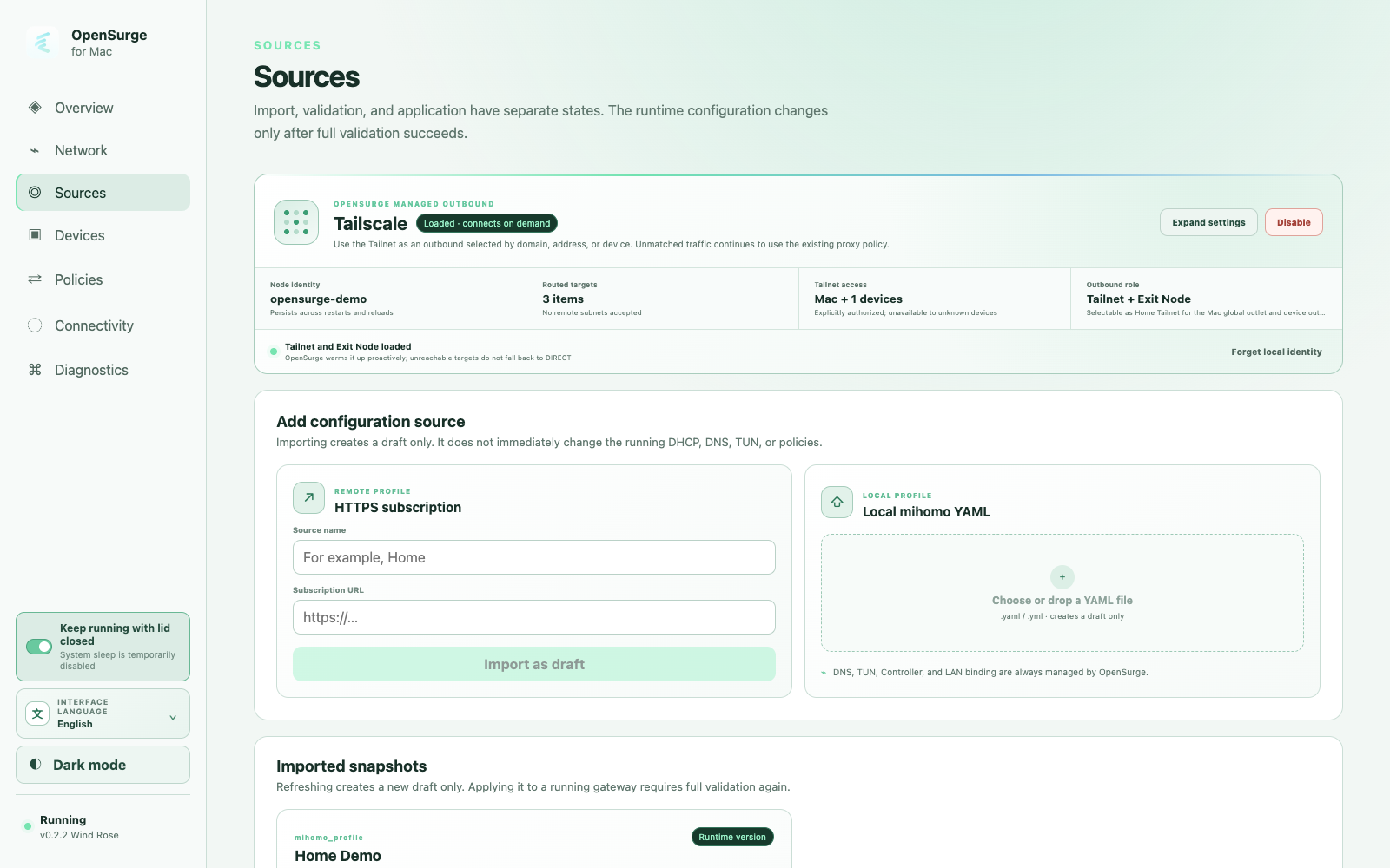 OpenSurge Sources page showing profile import and overlay controls