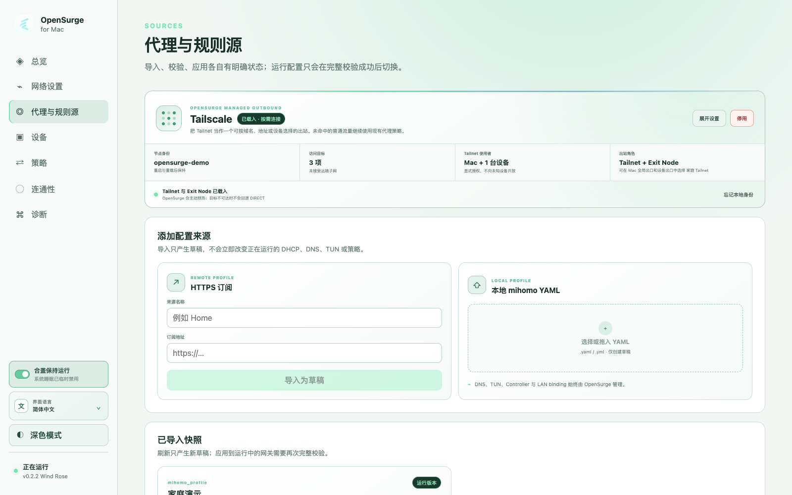 OpenSurge Tailscale 设置,展示私网目标与 Exit Node;使用虚构演示数据